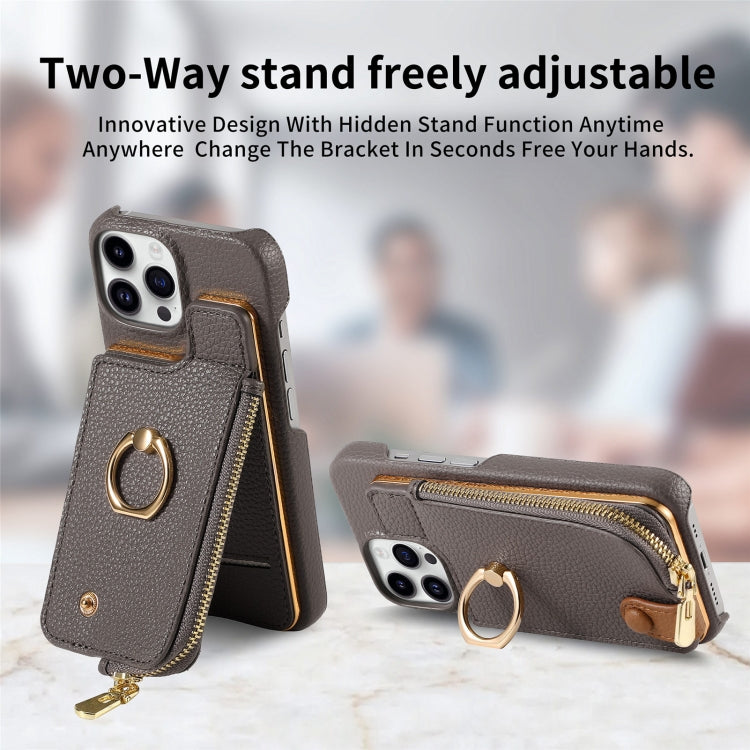For iPhone 14 Pro Max Litchi Leather Oil Edge Ring Zipper Wallet Back Phone Case(Grey) - iPhone 14 Pro Max Cases by buy2fix | Online Shopping UK | buy2fix