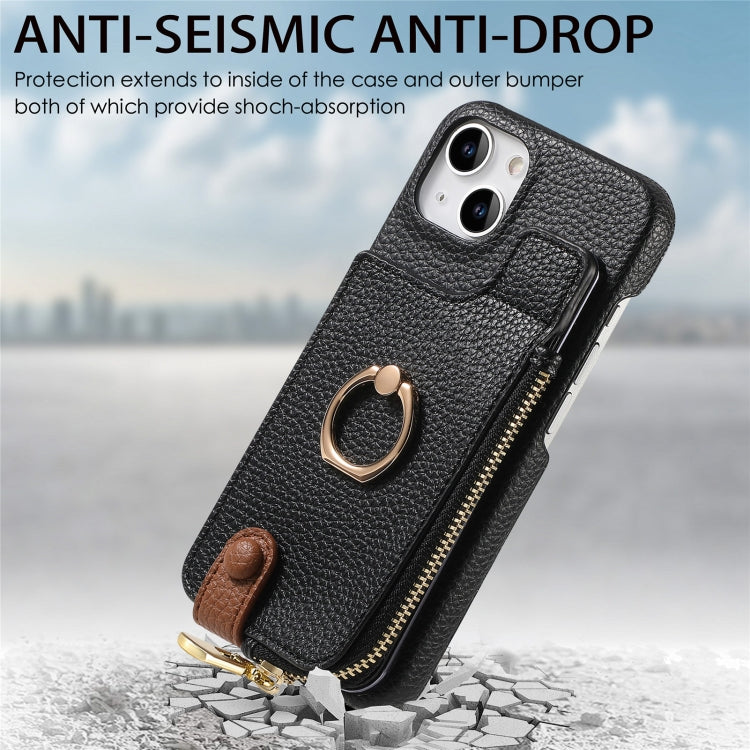 For iPhone 15 Plus Litchi Leather Oil Edge Ring Zipper Wallet Back Phone Case(Black) - iPhone 15 Plus Cases by buy2fix | Online Shopping UK | buy2fix