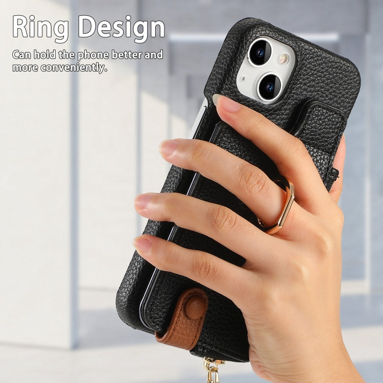 For iPhone 15 Plus Litchi Leather Oil Edge Ring Zipper Wallet Back Phone Case(Black) - iPhone 15 Plus Cases by buy2fix | Online Shopping UK | buy2fix