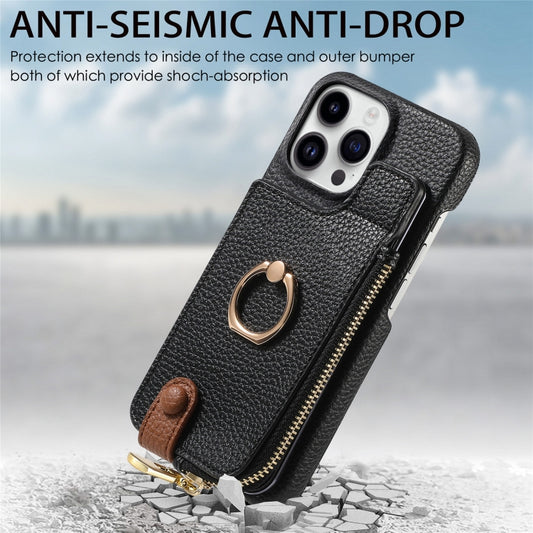 For iPhone 15 Pro Max Litchi Leather Oil Edge Ring Zipper Wallet Back Phone Case(Black) - iPhone 15 Pro Max Cases by buy2fix | Online Shopping UK | buy2fix