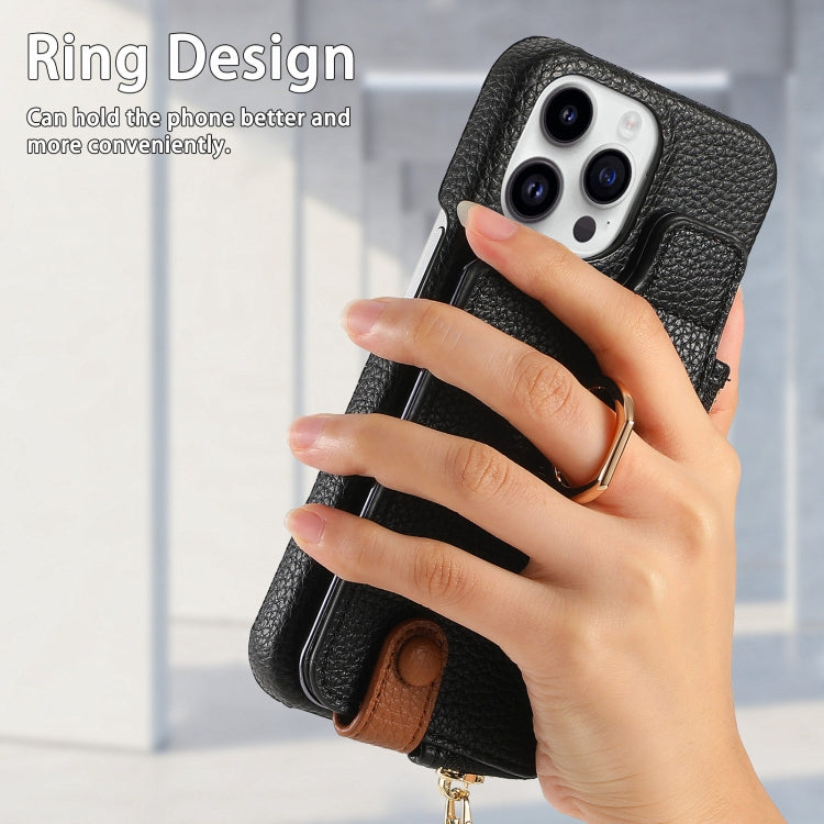 For iPhone 15 Pro Max Litchi Leather Oil Edge Ring Zipper Wallet Back Phone Case(Black) - iPhone 15 Pro Max Cases by buy2fix | Online Shopping UK | buy2fix