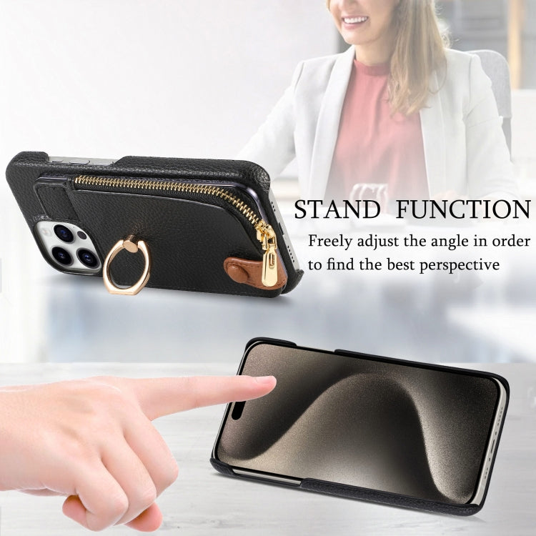For iPhone 15 Pro Max Litchi Leather Oil Edge Ring Zipper Wallet Back Phone Case(Black) - iPhone 15 Pro Max Cases by buy2fix | Online Shopping UK | buy2fix