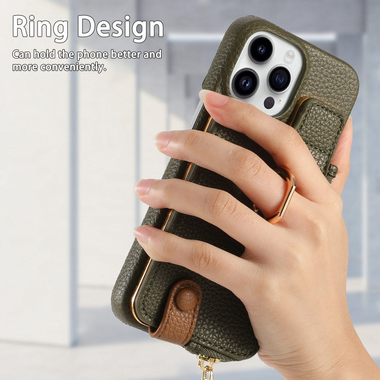 For iPhone 15 Pro Max Litchi Leather Oil Edge Ring Zipper Wallet Back Phone Case(Green) - iPhone 15 Pro Max Cases by buy2fix | Online Shopping UK | buy2fix