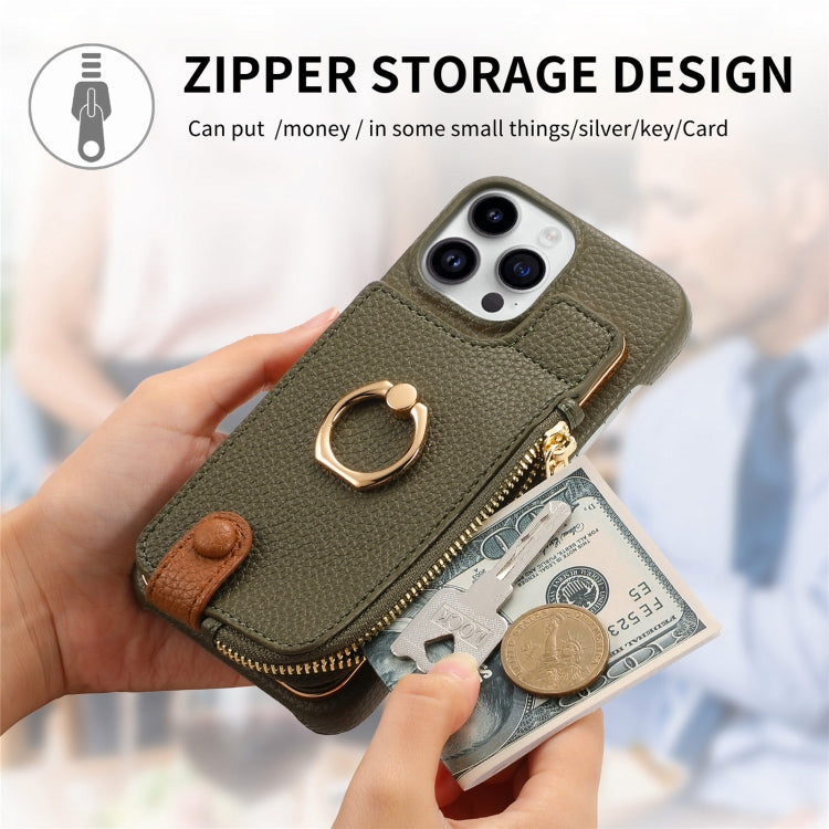 For iPhone 15 Pro Max Litchi Leather Oil Edge Ring Zipper Wallet Back Phone Case(Green) - iPhone 15 Pro Max Cases by buy2fix | Online Shopping UK | buy2fix