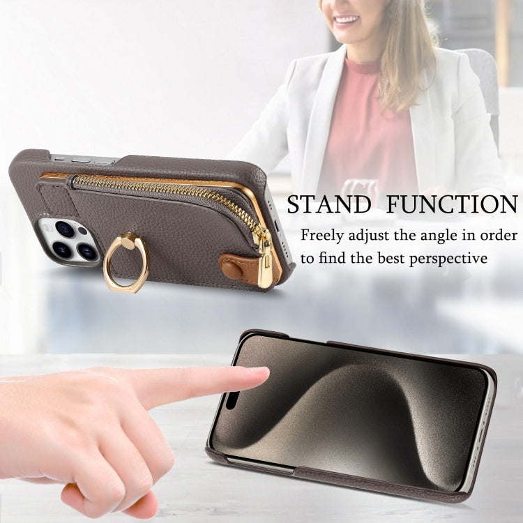 For iPhone 15 Pro Litchi Leather Oil Edge Ring Zipper Wallet Back Phone Case(Grey) - iPhone 15 Pro Cases by buy2fix | Online Shopping UK | buy2fix