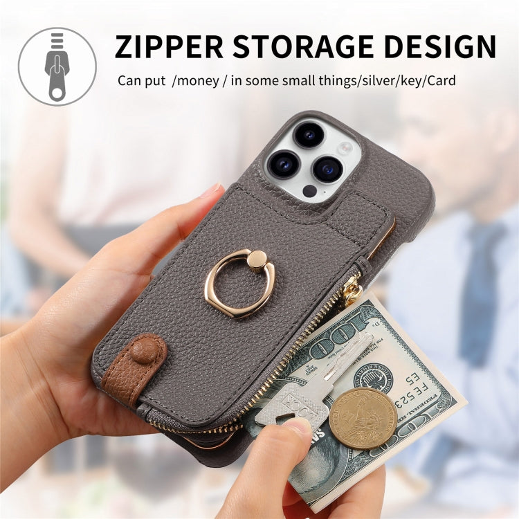 For iPhone 15 Pro Litchi Leather Oil Edge Ring Zipper Wallet Back Phone Case(Grey) - iPhone 15 Pro Cases by buy2fix | Online Shopping UK | buy2fix