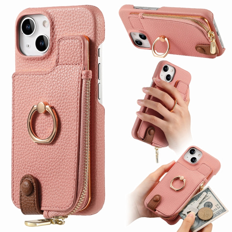 For iPhone 15 Litchi Leather Oil Edge Ring Zipper Wallet Back Phone Case(Pink) - iPhone 15 Cases by buy2fix | Online Shopping UK | buy2fix