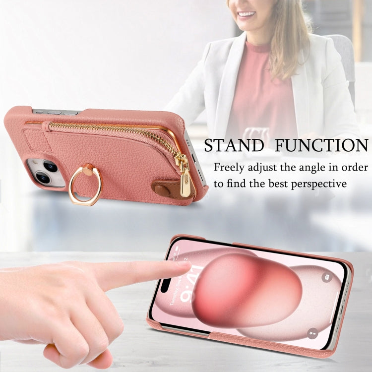 For iPhone 15 Litchi Leather Oil Edge Ring Zipper Wallet Back Phone Case(Pink) - iPhone 15 Cases by buy2fix | Online Shopping UK | buy2fix