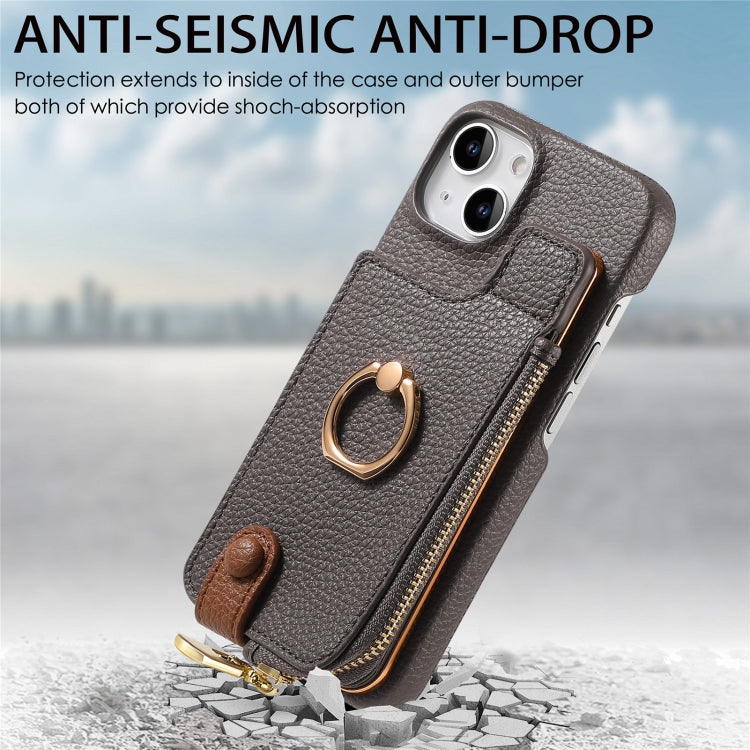 For iPhone 15 Litchi Leather Oil Edge Ring Zipper Wallet Back Phone Case(Grey) - iPhone 15 Cases by buy2fix | Online Shopping UK | buy2fix