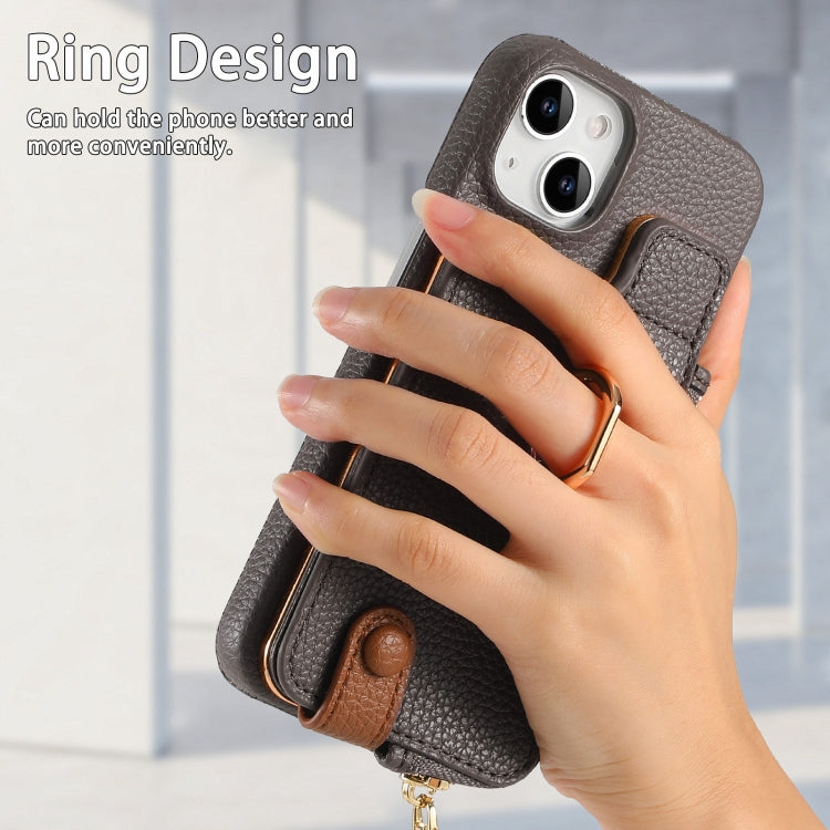 For iPhone 15 Litchi Leather Oil Edge Ring Zipper Wallet Back Phone Case(Grey) - iPhone 15 Cases by buy2fix | Online Shopping UK | buy2fix