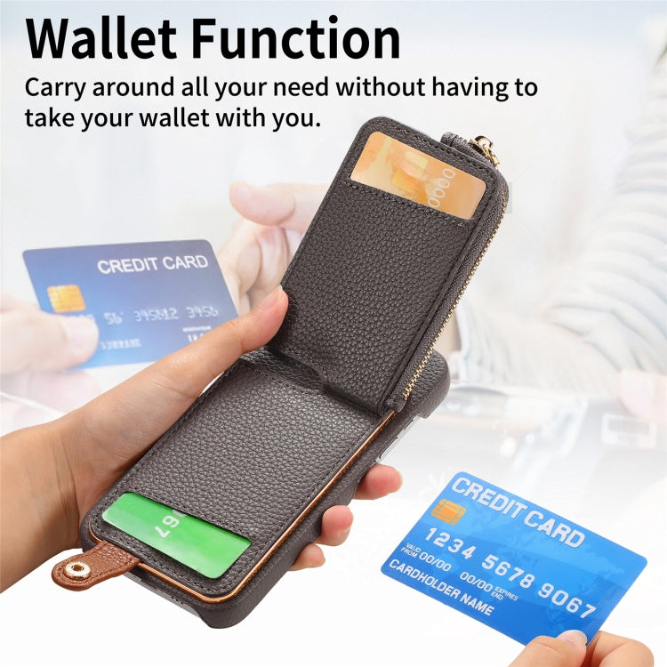 For iPhone 15 Litchi Leather Oil Edge Ring Zipper Wallet Back Phone Case(Grey) - iPhone 15 Cases by buy2fix | Online Shopping UK | buy2fix
