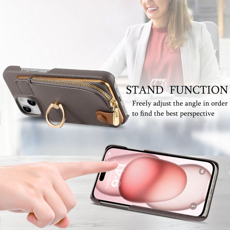 For iPhone 15 Litchi Leather Oil Edge Ring Zipper Wallet Back Phone Case(Grey) - iPhone 15 Cases by buy2fix | Online Shopping UK | buy2fix