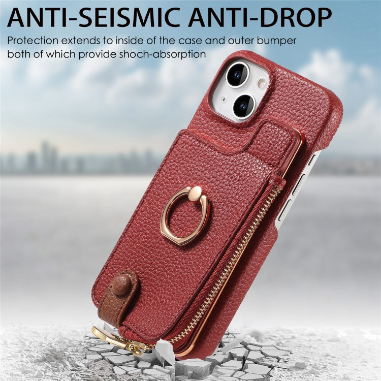 For iPhone 15 Litchi Leather Oil Edge Ring Zipper Wallet Back Phone Case(Red) - iPhone 15 Cases by buy2fix | Online Shopping UK | buy2fix