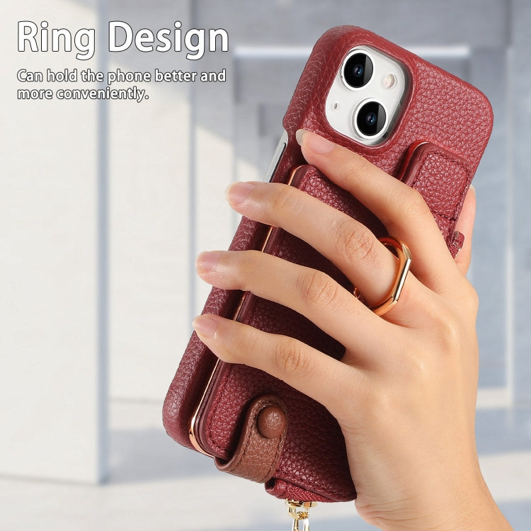 For iPhone 15 Litchi Leather Oil Edge Ring Zipper Wallet Back Phone Case(Red) - iPhone 15 Cases by buy2fix | Online Shopping UK | buy2fix