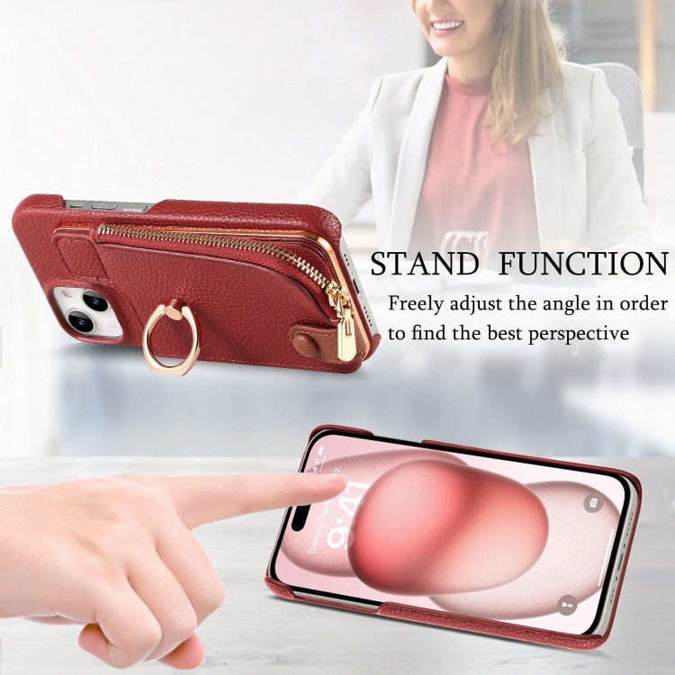 For iPhone 15 Litchi Leather Oil Edge Ring Zipper Wallet Back Phone Case(Red) - iPhone 15 Cases by buy2fix | Online Shopping UK | buy2fix