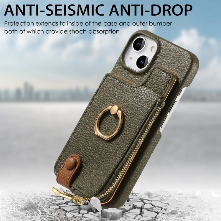 For iPhone 15 Litchi Leather Oil Edge Ring Zipper Wallet Back Phone Case(Green) - iPhone 15 Cases by buy2fix | Online Shopping UK | buy2fix