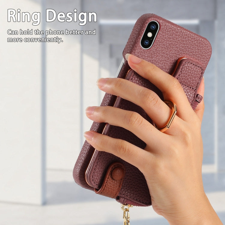 For iPhone X / XS Litchi Leather Oil Edge Ring Zipper Wallet Back Phone Case(Jujube Apricot) - More iPhone Cases by buy2fix | Online Shopping UK | buy2fix
