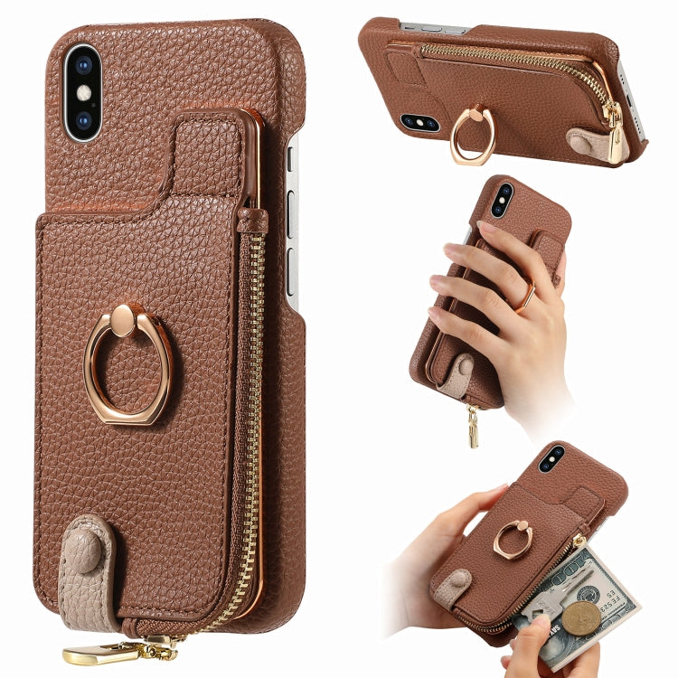 For iPhone X / XS Litchi Leather Oil Edge Ring Zipper Wallet Back Phone Case(Brown) - More iPhone Cases by buy2fix | Online Shopping UK | buy2fix