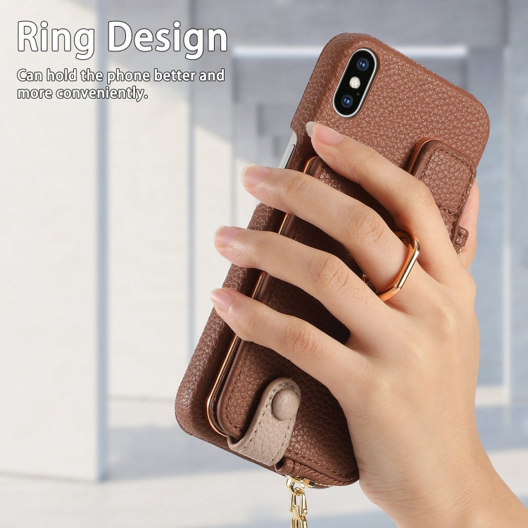 For iPhone X / XS Litchi Leather Oil Edge Ring Zipper Wallet Back Phone Case(Brown) - More iPhone Cases by buy2fix | Online Shopping UK | buy2fix