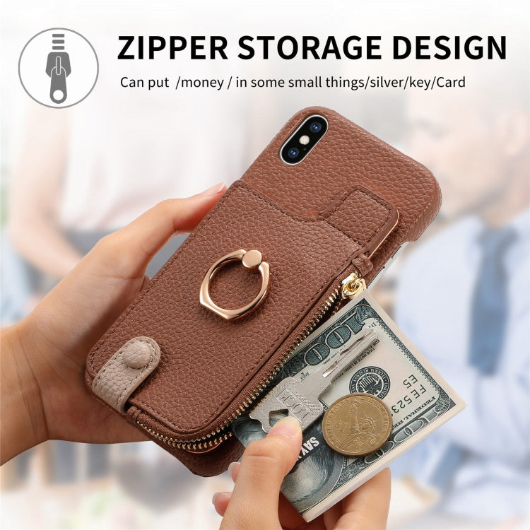 For iPhone X / XS Litchi Leather Oil Edge Ring Zipper Wallet Back Phone Case(Brown) - More iPhone Cases by buy2fix | Online Shopping UK | buy2fix