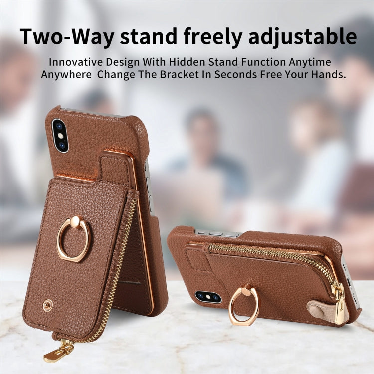 For iPhone X / XS Litchi Leather Oil Edge Ring Zipper Wallet Back Phone Case(Brown) - More iPhone Cases by buy2fix | Online Shopping UK | buy2fix