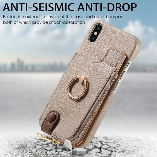 For iPhone X / XS Litchi Leather Oil Edge Ring Zipper Wallet Back Phone Case(Khaki) - More iPhone Cases by buy2fix | Online Shopping UK | buy2fix