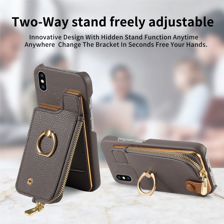 For iPhone XS Max Litchi Leather Oil Edge Ring Zipper Wallet Back Phone Case(Grey) - More iPhone Cases by buy2fix | Online Shopping UK | buy2fix