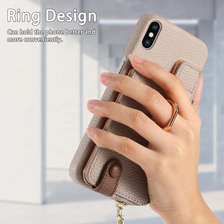 For iPhone XS Max Litchi Leather Oil Edge Ring Zipper Wallet Back Phone Case(Khaki) - More iPhone Cases by buy2fix | Online Shopping UK | buy2fix