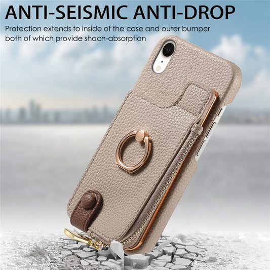 For iPhone XR Litchi Leather Oil Edge Ring Zipper Wallet Back Phone Case(Khaki) - More iPhone Cases by buy2fix | Online Shopping UK | buy2fix