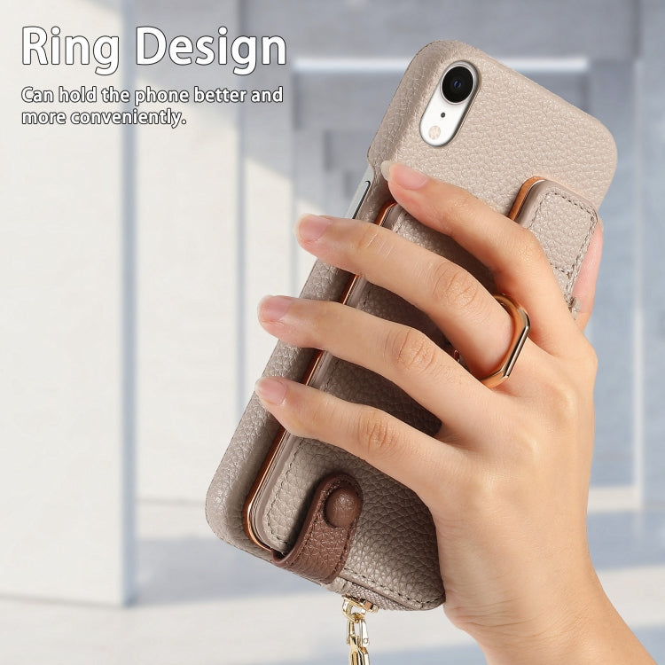 For iPhone XR Litchi Leather Oil Edge Ring Zipper Wallet Back Phone Case(Khaki) - More iPhone Cases by buy2fix | Online Shopping UK | buy2fix