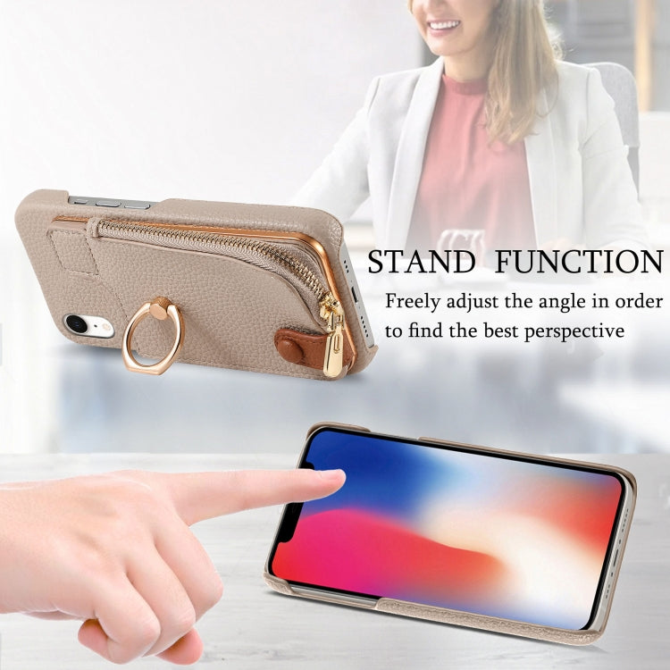 For iPhone XR Litchi Leather Oil Edge Ring Zipper Wallet Back Phone Case(Khaki) - More iPhone Cases by buy2fix | Online Shopping UK | buy2fix