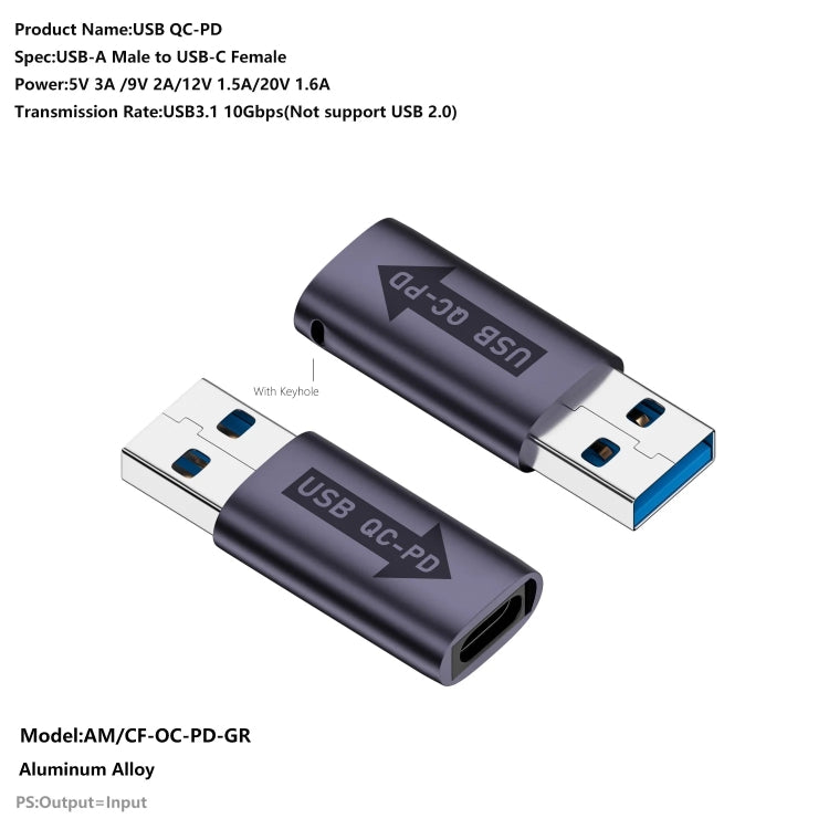 USB-A Male QC3.1 to Type-C Female PD 10Gbps Converter Adapter, Model:Grey without Indicator Light - Cable & Adapters by buy2fix | Online Shopping UK | buy2fix