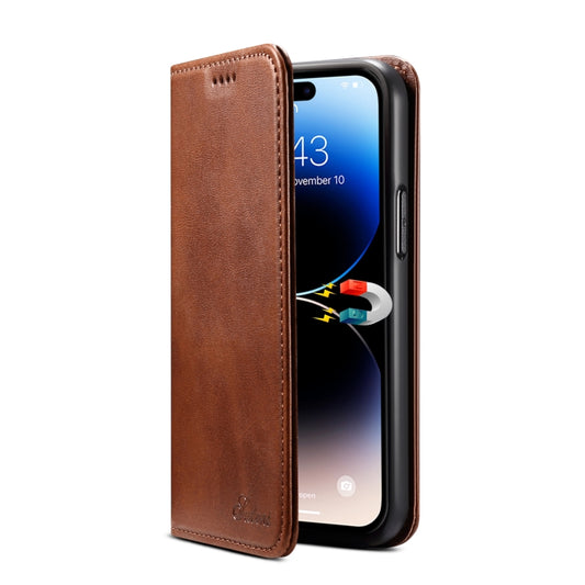 For iPhone 15 Pro Suteni Calf Texture Horizontal Flip Leather Phone Case(Brown) - iPhone 15 Pro Cases by Suteni | Online Shopping UK | buy2fix