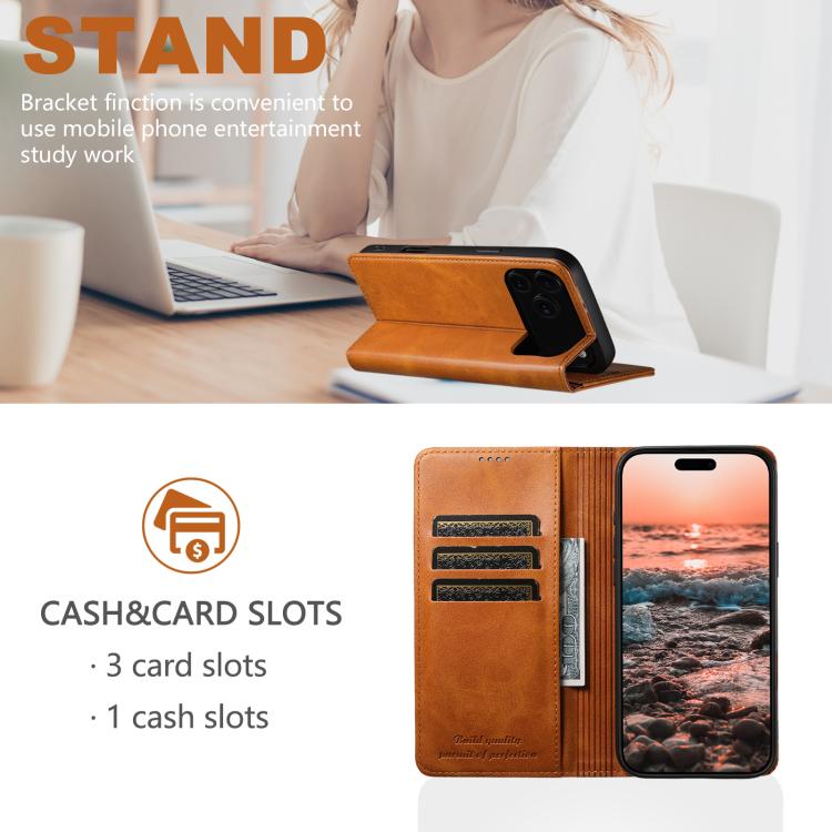 For iPhone 17 Suteni Calf Texture Horizontal Flip Leather Phone Case(Khaki) - iPhone 17 Cases by Suteni | Online Shopping UK | buy2fix