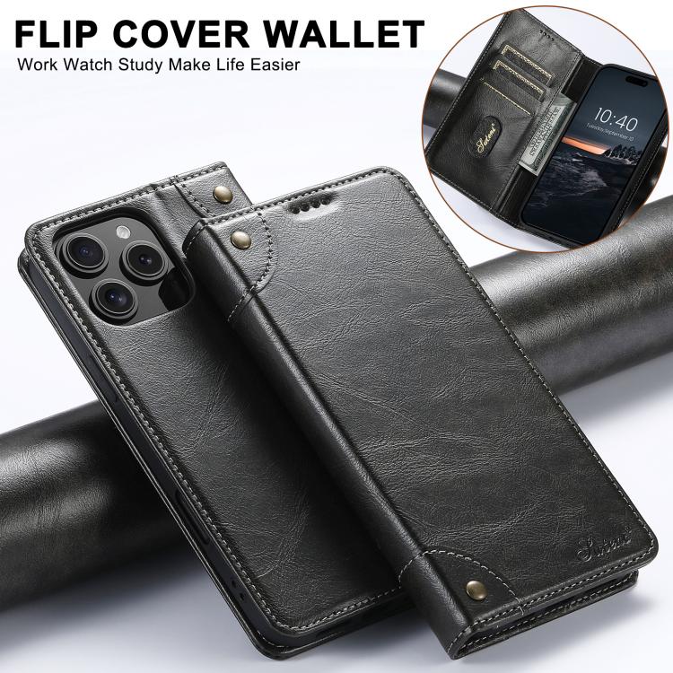 For iPhone 16e Suteni Baroque Calf Texture Buckle Wallet Leather Phone Case(Black) - iPhone 16e Cases by Suteni | Online Shopping UK | buy2fix