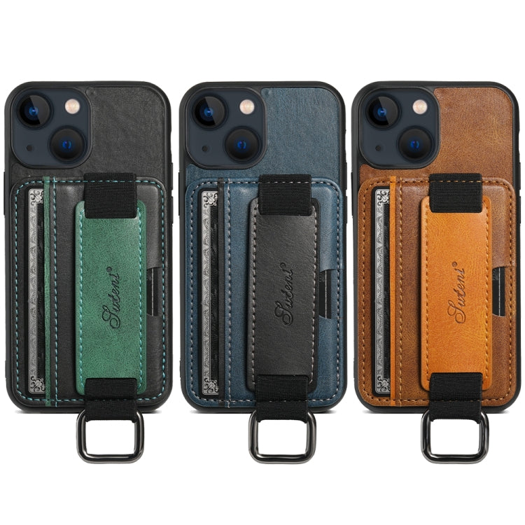 For iPhone 15 Suteni H13 Card Wallet Wrist Strap Holder PU Phone Case(Blue) - iPhone 15 Cases by Suteni | Online Shopping UK | buy2fix