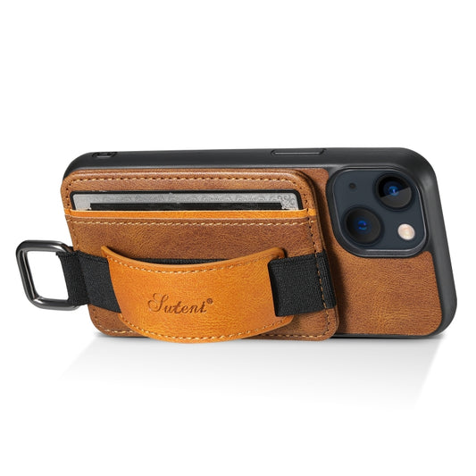 For iPhone 15 Plus Suteni H13 Card Wallet Wrist Strap Holder PU Phone Case(Brown) - iPhone 15 Plus Cases by Suteni | Online Shopping UK | buy2fix
