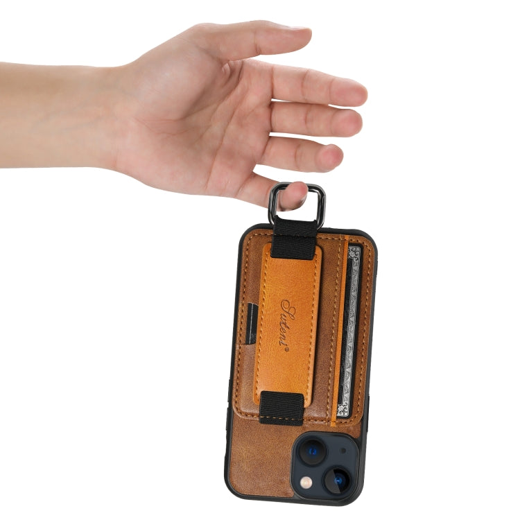 For iPhone 15 Plus Suteni H13 Card Wallet Wrist Strap Holder PU Phone Case(Brown) - iPhone 15 Plus Cases by Suteni | Online Shopping UK | buy2fix