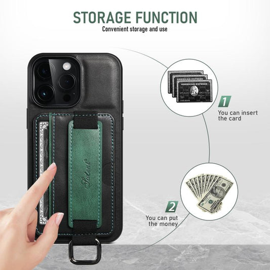 For iPhone 16e Suteni H13 Card Wallet Wrist Strap Holder PU Phone Case(Black) - iPhone 16e Cases by Suteni | Online Shopping UK | buy2fix