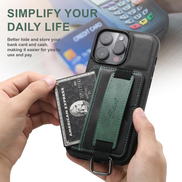 For iPhone 16e Suteni H13 Card Wallet Wrist Strap Holder PU Phone Case(Black) - iPhone 16e Cases by Suteni | Online Shopping UK | buy2fix