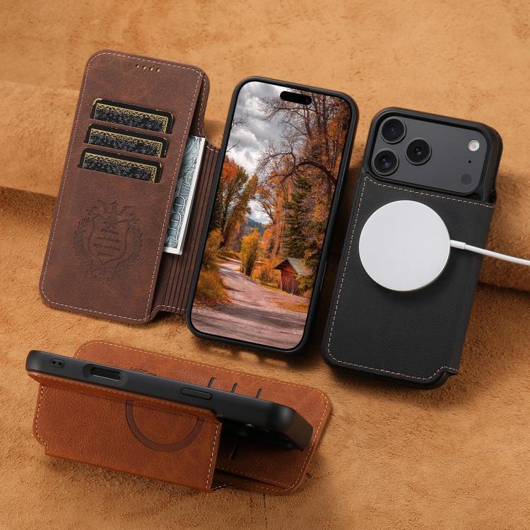 For iPhone 16 Suteni J06 Retro Matte Litchi Texture Leather MagSafe Phone Case(Black) - iPhone 16 Cases by Suteni | Online Shopping UK | buy2fix