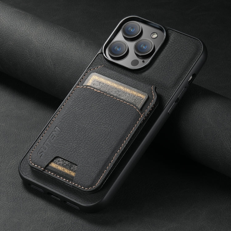 For iPhone 15 Suteni H02 Litchi Leather Card Wallet Stand Back Phone Case(Black) - iPhone 15 Cases by Suteni | Online Shopping UK | buy2fix
