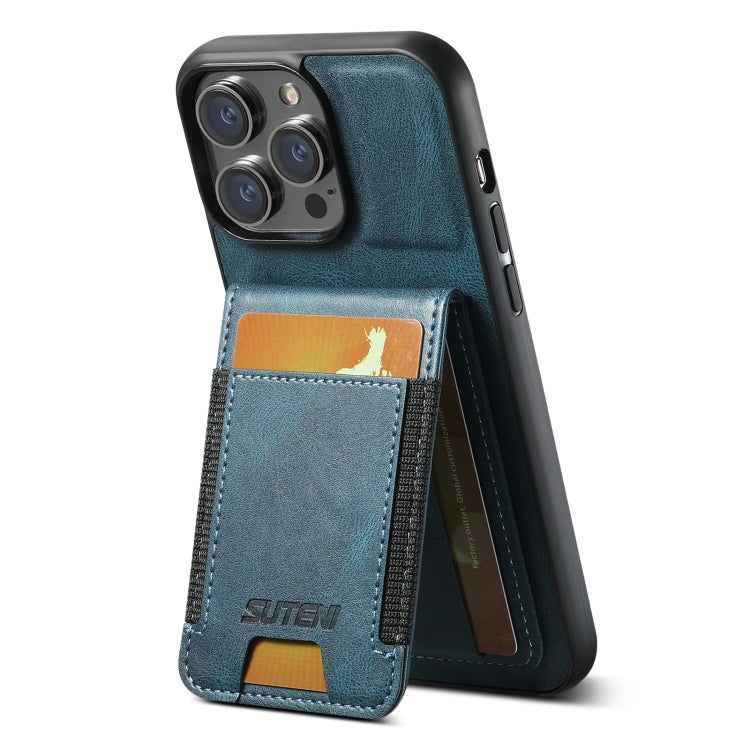 For iPhone 14 Suteni H03 Oil Wax Leather Wallet Stand Back Phone Case(Blue) - iPhone 14 Cases by Suteni | Online Shopping UK | buy2fix