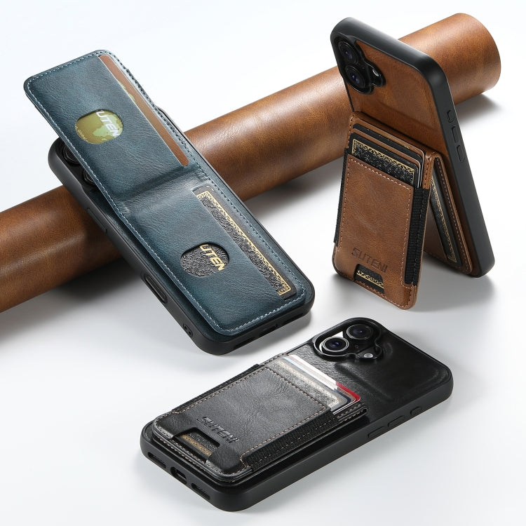 For iPhone 16e Suteni H03 Oil Wax Leather Wallet Stand Back Phone Case(Blue) - iPhone 16e Cases by Suteni | Online Shopping UK | buy2fix