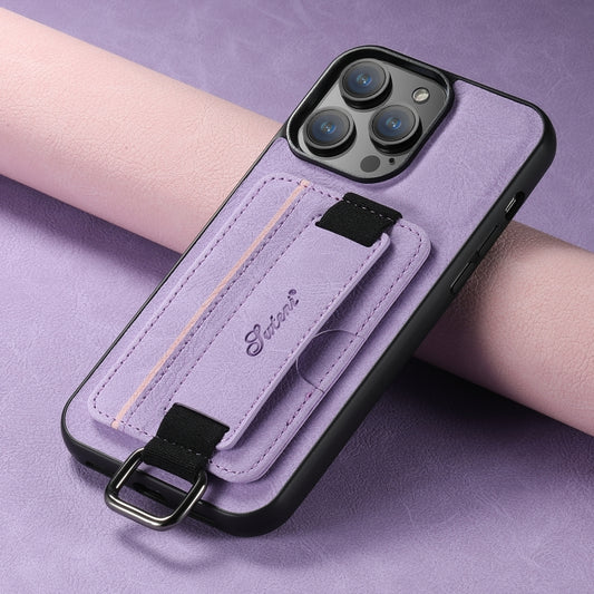 For iPhone 15 Pro Suteni H13 Litchi Leather Wrist Strap Wallet Back Phone Case(Purple) - iPhone 15 Pro Cases by Suteni | Online Shopping UK | buy2fix