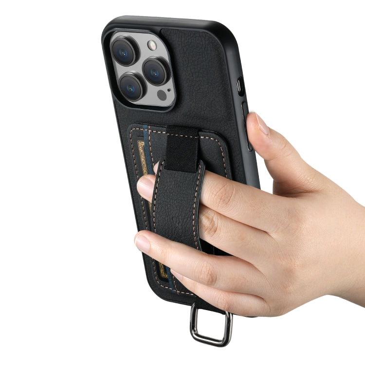 For iPhone 14 Suteni H13 Litchi Leather Wrist Strap Wallet Back Phone Case(Black) - iPhone 14 Cases by Suteni | Online Shopping UK | buy2fix