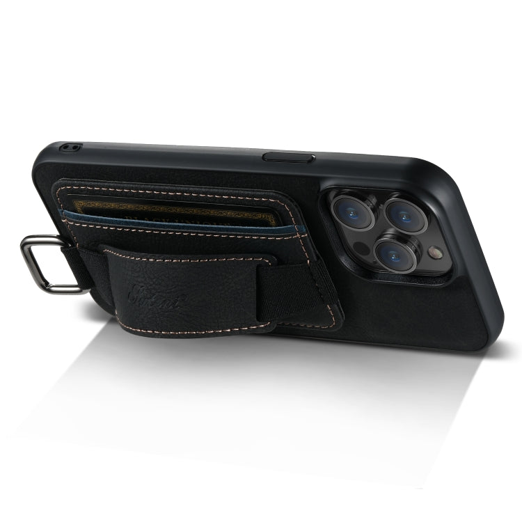 For iPhone 14 Suteni H13 Litchi Leather Wrist Strap Wallet Back Phone Case(Black) - iPhone 14 Cases by Suteni | Online Shopping UK | buy2fix
