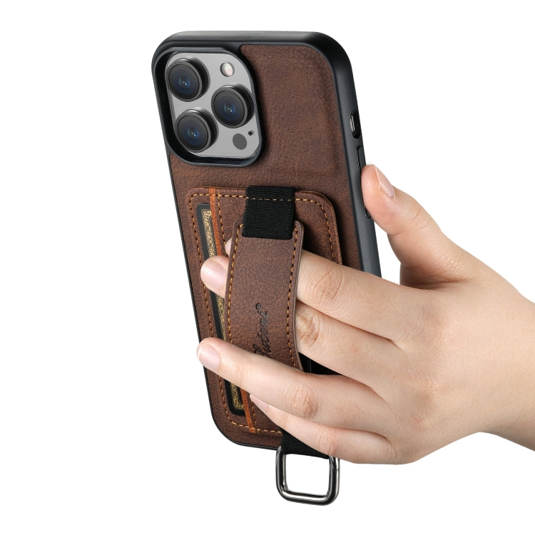 For iPhone 14 Suteni H13 Litchi Leather Wrist Strap Wallet Back Phone Case(Brown) - iPhone 14 Cases by Suteni | Online Shopping UK | buy2fix