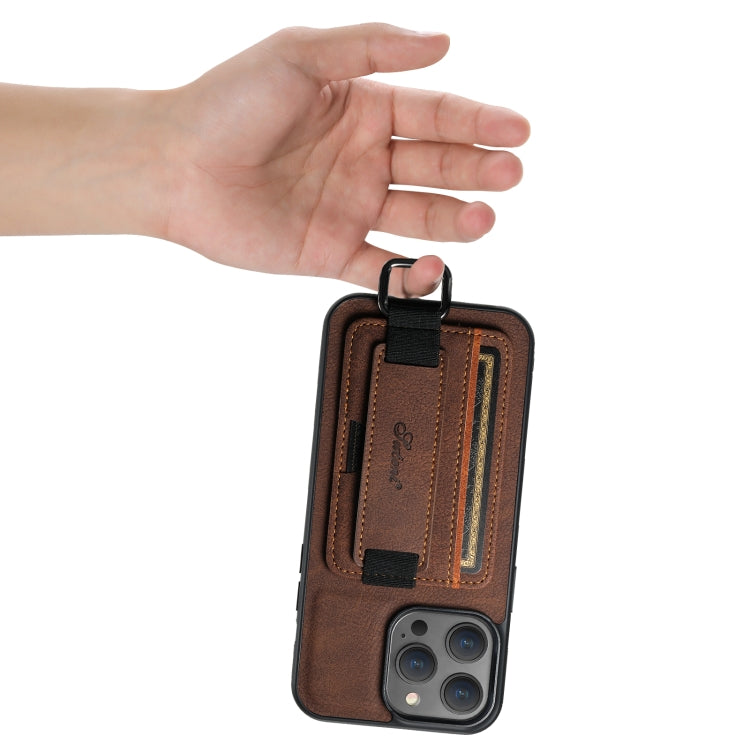 For iPhone 14 Suteni H13 Litchi Leather Wrist Strap Wallet Back Phone Case(Brown) - iPhone 14 Cases by Suteni | Online Shopping UK | buy2fix