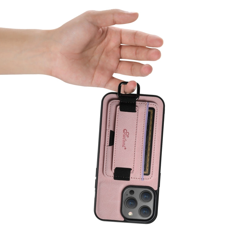 For iPhone 14 Suteni H13 Litchi Leather Wrist Strap Wallet Back Phone Case(Pink) - iPhone 14 Cases by Suteni | Online Shopping UK | buy2fix